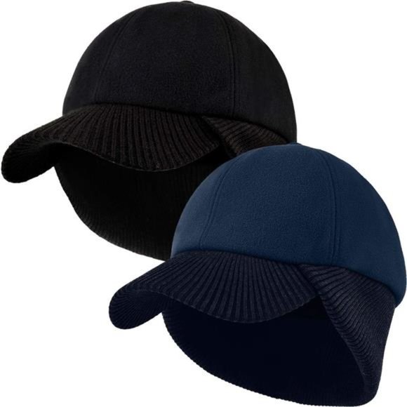 Wool Winter Baseball Cap with Warmer Earflap Black ＆ Navy Blue - Picture 1 of 6